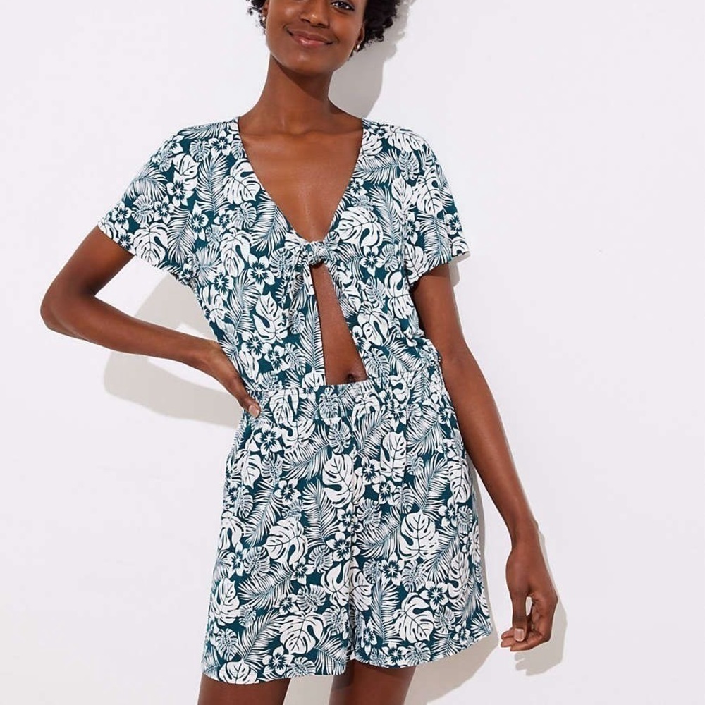 Loft Beach Floral Tie Cutout Romper Size L Precious Emerald